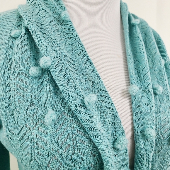 Anthropologie Knitted & Knotted Kose Teal Pom Pom Cardigan - Picture 5 of 6